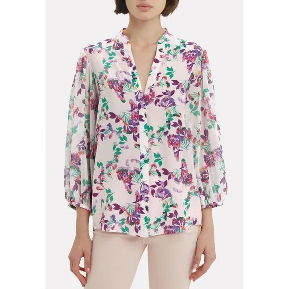 Saloni white lilac green floral print silk Chloe blouse - Picture 2 of 6